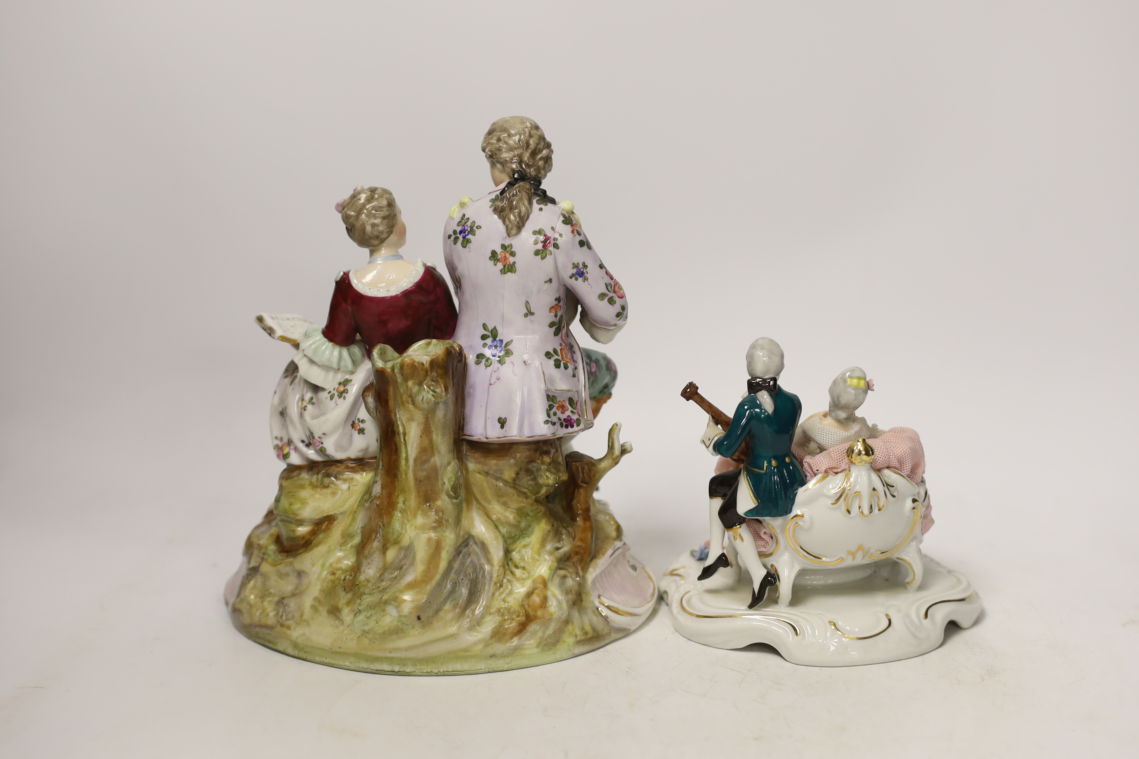 A Continental figure group of a musicians and another similar figure group (Dresden), tallest 20.5cm